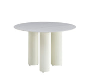 ANAIS 120 CM DINING TABLE FEATURES A WHITE MARBLE EFFCET CERAMIC TOP WITH BEIGE LEGS.