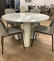 ANAIS 120 CM DINING TABLE FEATURES A WHITE MARBLE EFFCET CERAMIC TOP WITH BEIGE LEGS.