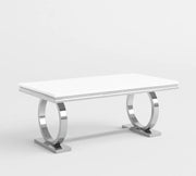 MESA DE COMEDOR OMEGA DE 180X90 CM CON TAPA BLANCA Y PATAS PLATEADAS.