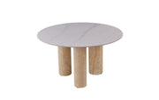 ANAIS 120CM DINING TABLE FEATURES A BLANCO MARBLE EFFECT TOP WITH TRAVERTINE LEGS.