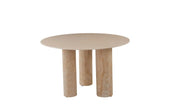 ANAIS 120CM DINING TABLE FEATURES A BEIGE MARBLE EFFECT TOP WITH TRAVERTINE LEGS.