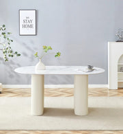 MESA DE COMEDOR ROXY DE 160X90CM CON EFECTO MÁRMOL BLANCO Y PATAS BEIGE.