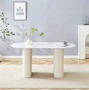 MESA DE COMEDOR ROXY DE 180X90CM CON TAPA EFECTO MÁRMOL BLANCO Y PATAS BEIGE.
