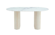 MESA DE COMEDOR ROXY DE 180X90CM CON TAPA EFECTO MÁRMOL BLANCO Y PATAS DE TRAVERTINO.