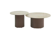 BAIETA 80+60CM COFFEE TABLE SET FEATURES A WALNUT EFFECT BASE  WITH A GLOSSY TRAVERTINE CERAMIC TOP  .