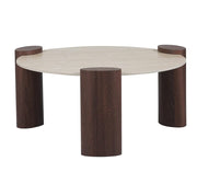 MESA DE CENTRO TRIQUETRA DE 90X43CM CON BASE DE MDF EFECTO NOGAL Y CUBIERTA DE CERÁMICA TRAVERTINO MATE.