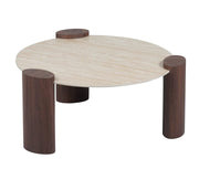 MESA DE CENTRO TRIQUETRA DE 90X43CM CON BASE DE MDF EFECTO NOGAL Y CUBIERTA DE CERÁMICA TRAVERTINO MATE.