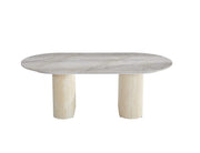 ROXY 120X60CM COFFEE TABLE FEATURES A GREY SHAKESPEARE CERAMIC TOP WITH A TRAVERTINE STYLE BASE.