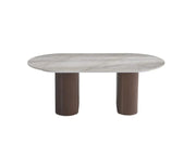 ROXY 120X60CM COFFEE TABLE FEATURES A GREY SHAKESPEARE CERAMIC TOP WITH A WALNUT STYLE BASE.