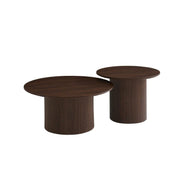 MINALI 80+60CM COFFEE TABLE FEATURES A WALNUT EFFECT TOP WITH MATCHING WALNUT EFFECT METAL BASE WITH NATURAL TONES.