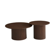 MINALI 80+60CM COFFEE TABLE FEATURES A WALNUT EFFECT TOP WITH MATCHING WALNUT EFFECT METAL BASE WITH NATURAL TONES.