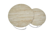GIGOGNE 80X45+60X38CM COFFEE TABLE SET FEATURES A TRAVERTINE EFFECT CERAMIC TOP WITH SILVER LEGS.