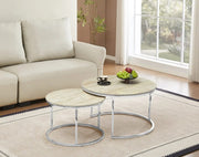 GIGOGNE 80X45+60X38CM COFFEE TABLE SET FEATURES A TRAVERTINE EFFECT CERAMIC TOP WITH SILVER LEGS.