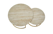 GIGOGNE 80X45+60X38CM COFFEE TABLE SET FEATURES A TRAVERTINE EFFECT CERAMIC TOP WITH GOLD LEGS.