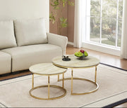 GIGOGNE 80X45+60X38CM COFFEE TABLE SET FEATURES A TRAVERTINE EFFECT CERAMIC TOP WITH GOLD LEGS.