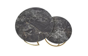 JUEGO DE MESAS DE CENTRO GIGOGNE 80X45 +60X38CM CON TAPA DE CERÁMICA NEGRA Y PATAS DORADAS.