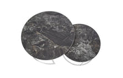 GIGOGNE 80X45 +60X38CM COFFEE TABLE SET FEATURES A BLACK CERAMIC TOP WITH SILVER LEGS .