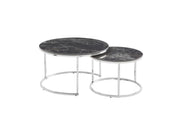 GIGOGNE 80X45 +60X38CM COFFEE TABLE SET FEATURES A BLACK CERAMIC TOP WITH SILVER LEGS .
