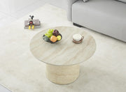 FAMOUS 80X45CM COFFEE TABLE FEATURES A GLOSSY TRAVERTINE EFFECT CERAMIC TOP WITH A TRAVERTINE STYLE FEETS.