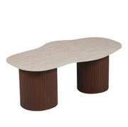 NIKI 120X70X45CM COFFEE TABLE FEATURES A MATTE TRAVERTINE EFFECT CERAMIC TOP WITH A WALNUT STYLE FEETS.