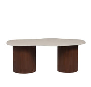NIKI 120X70X45CM COFFEE TABLE FEATURES A MATTE TRAVERTINE EFFECT CERAMIC TOP WITH A WALNUT STYLE FEETS.