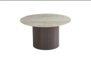 FAMOUS 80X45CM COFFEE TABLE FEATURES A GLOSSY TRAVERTINE EFFECT CERAMIC TOP WITH A WALNUT EFFECT FEETS.