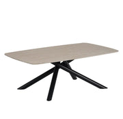 NYSA 120X70X45CM COFFEE TABLE FEATURES A TRAVERTINE EFFECT CERAMIC TOP WITH A BLACK METAL FEETS.
