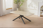 NYSA 120X70X45CM COFFEE TABLE FEATURES A TRAVERTINE EFFECT CERAMIC TOP WITH A BLACK METAL FEETS.