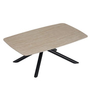 NYSA 120X70X45CM COFFEE TABLE FEATURES A TRAVERTINE EFFECT CERAMIC TOP WITH A BLACK METAL FEETS.