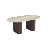 LA MESA DE CENTRO ROXY DE 120X60X45CM PRESENTA UNA TAPA DE CERÁMICA CON EFECTO TRAVERTINO BRILLANTE Y UN ESTILO NOGAL.