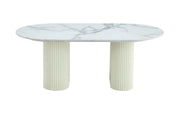 ROXY 120X60X45CM COFFEE TABLE FEATURES A WHITE MARBLE EFFECT CERAMIC TOP WITH BEIGE LEGS .