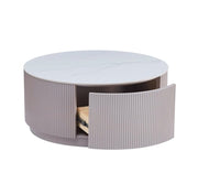 LA MESA DE CENTRO BARI 80X45CM CUENTA CON UNA TAPA EFECTO MÁRMOL BLANCO CON UNA BASE DE MADERA GRIS ESTILO BARI Y DOS CAJONES DE ALMACENAMIENTO.