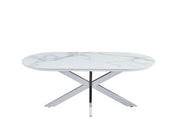 La mesa de centro MANON de 120x60 CM cuenta con una tapa de cerámica con efecto mármol blanco y una base de estilo Manon plateada.