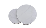 GIGOGNE 80+60CM FEATURES A WHITE MARBLE EFFECT CERAMIC TOP WITH SILVER SAMIRA STYLE LEGS.
