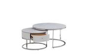 GIGOGNE 80+60CM FEATURES A WHITE MARBLE EFFECT CERAMIC TOP WITH SILVER SAMIRA STYLE LEGS.