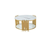 STICK 90X45CM COFFEE TABLE FEATURES A WHITE MARBLE TOP WITH A GOLD STICK STYLE BASE.