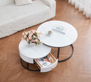 NESTING 80+60CM COFFEE TABLE FEATURES A WHITE MARBLE EFFECT CERAMIC TOP WITH A BLACK METAL FEETS.