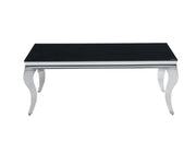 MESA DE CENTRO DE ESTILO BARROCO CON ACABADO PLATEADO Y NEGRO EN LA PARTE SUPERIOR, CON MEDIDAS DE 120X60X45CM