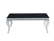 MESA DE CENTRO DE ESTILO BARROCO CON ACABADO PLATEADO Y NEGRO EN LA PARTE SUPERIOR, CON MEDIDAS DE 120X60X45CM