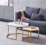 HEXAGONAL NESTING COFFEE TABLE WITH GOLD FINISH AND WHITE MARBLE SIZES  79X40CM+59X35CM.