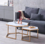 HEXAGONAL NESTING COFFEE TABLE WITH GOLD FINISH AND WHITE MARBLE SIZES  79X40CM+59X35CM.