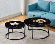 MESAS DE CENTRO ANIDABLES CON PATAS DE METAL NEGRO Y TAPA DE CRISTAL Y MÁRMOL NEGRO. 80X45 + 60X38CM