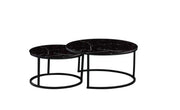 MESAS DE CENTRO ANIDABLES CON PATAS DE METAL NEGRO Y TAPA DE CRISTAL Y MÁRMOL NEGRO. 80X45 + 60X38CM