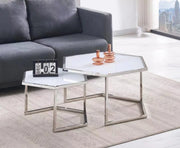 HEXAGONAL NESTING COFFEE TABLE WITH SILVER FINISH AND WHITE TOP SIZES 79X40 + 59X35CM