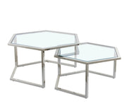 HEXAGONAL NESTING COFFEE TABLE WITH SILVER FINISH AND TRANSPARENT GLASS SIZES 79X40 + 59X35CM