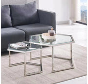 HEXAGONAL NESTING COFFEE TABLE WITH SILVER FINISH AND TRANSPARENT GLASS SIZES 79X40 + 59X35CM