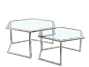 HEXAGONAL NESTING COFFEE TABLE WITH SILVER FINISH AND TRANSPARENT GLASS SIZES 79X40 + 59X35CM