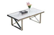 MESA DE CENTRO LEVANTO CON ACABADO PLATEADO Y MÁRMOL BLANCO DE 120X60X45CM