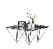 MESA DE CENTRO GIZE CON ACABADO PLATEADO Y CRISTAL TRANSPARENTE 80X80CM