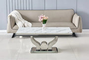 MESA DE CENTRO TROFY CON ACABADO EN MÁRMOL BLANCO Y PATAS PLATEADAS DE 120X70X49CM